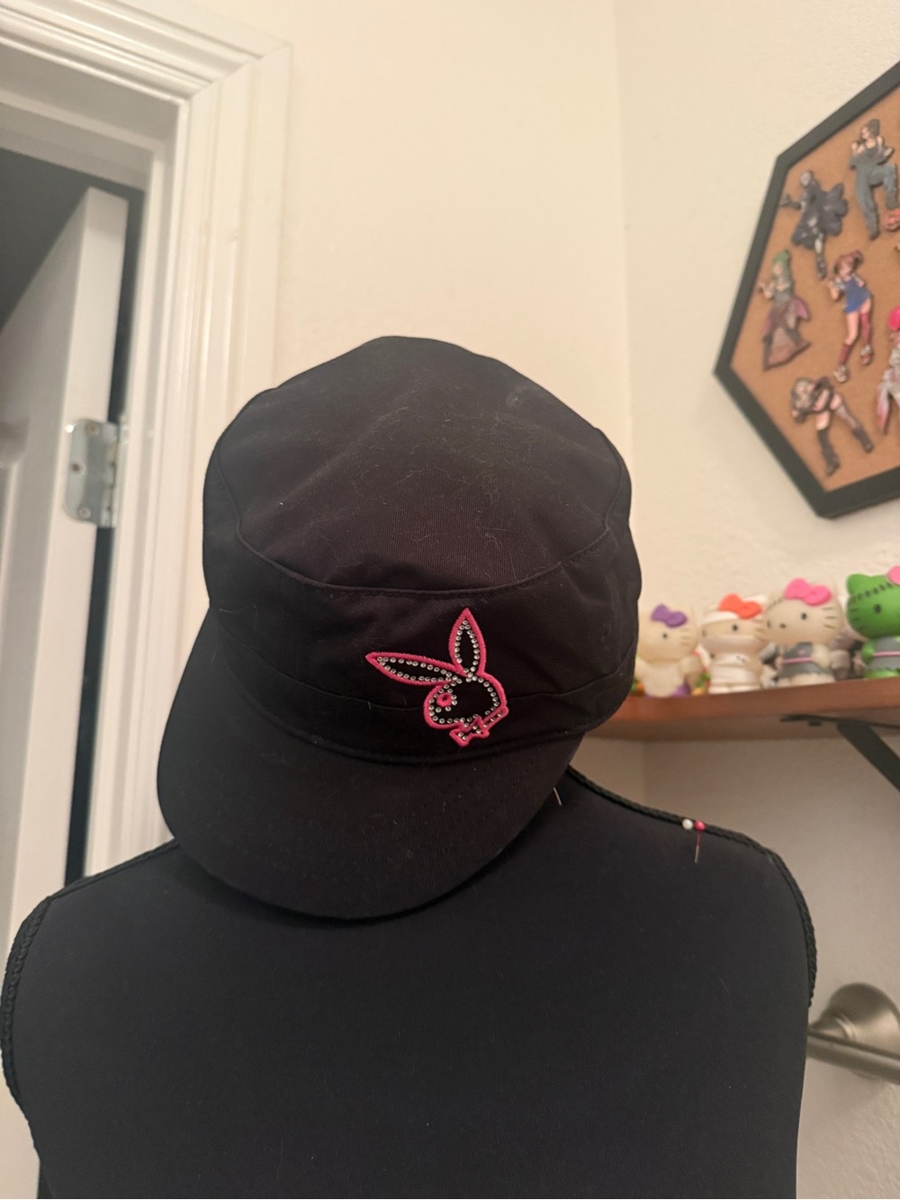 PLAYBOY Black Cap with Pink Rhinestone Bunny
